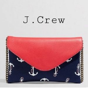J.Crew Red Leather & Navy Anchors Away Fabric Print Chain Strap Envelope Bag